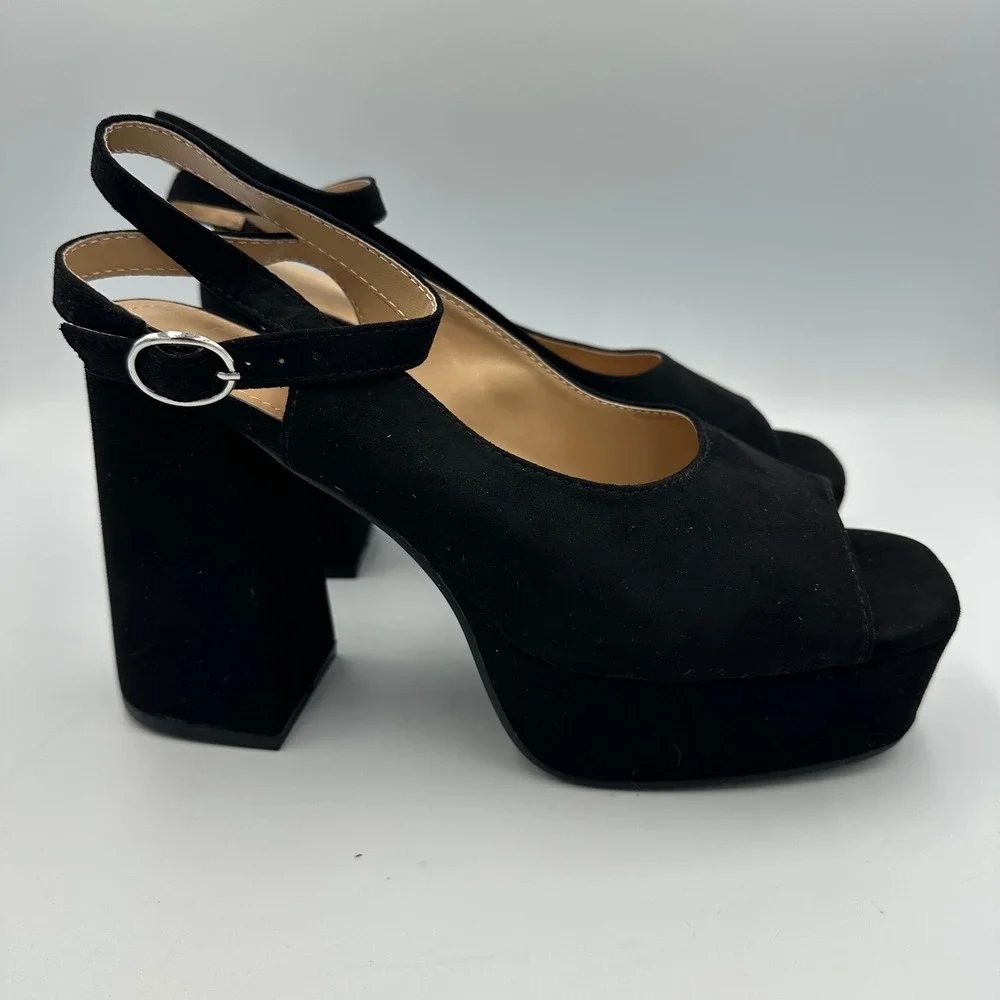 JustFab Hadley Black Platform Block Heeled Sandals Sz 8 NIB Bratz Style Peep Toe